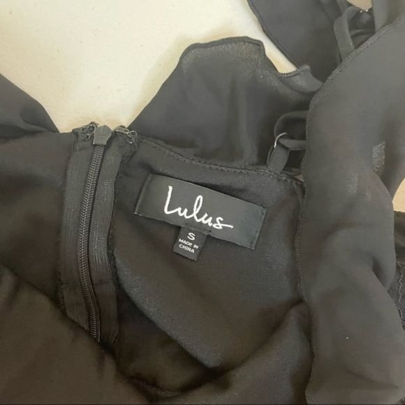 LULUS DANCE OF ROMANCE BLACK LACE COLD SHOULDER MIDI RUFFLE FLOUNCE FITTED DRESS - Picture 7 of 11